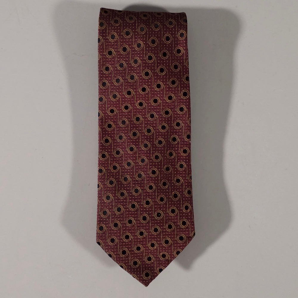 Luciano Barbera Necktie Mens OS Burgundy Gold Silk Geometric Medallion Italy